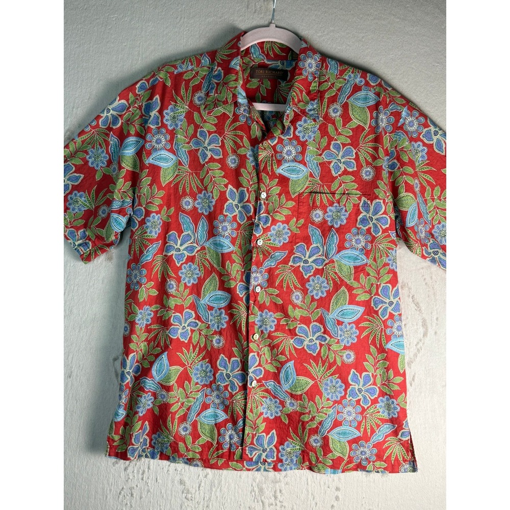 Tori Richard Button Down Shirt Mens M Red Floral Cotton Lawn Hawaii 0300 1922 EX - Picture 1 of 8